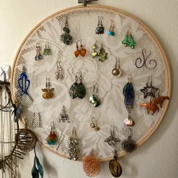 Boho Earring Holder Embroidery Hoop Earring Organizer Vintage Lace Jewelry Rack - Picture 1 of 10